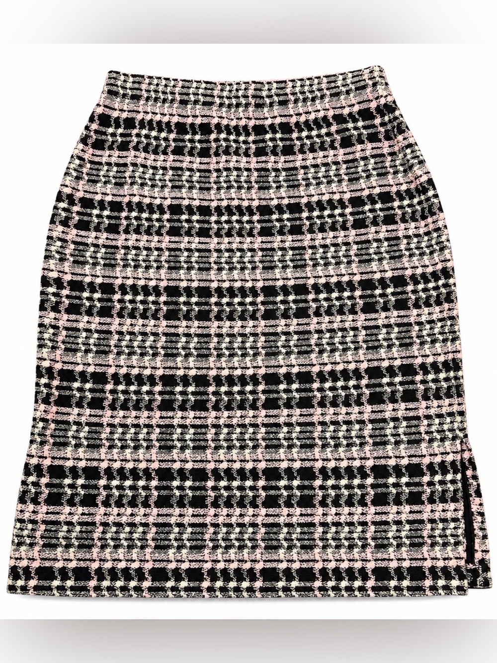 Vintage St John Collection Marie Gray Knit Plaid Skirt Size 12 Pink Black USA